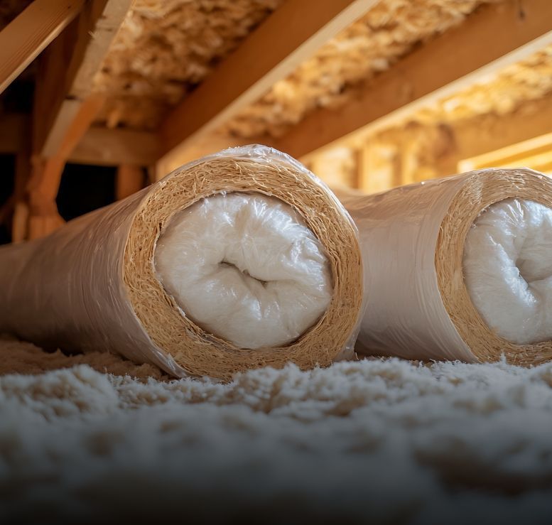 Rouleaux de laine minérale posés sur le plancher de combles perdus
